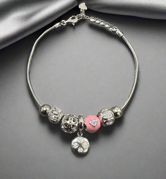 Ladies' Silver Pink Accent Bead Clover Charm Bracelet SLB10