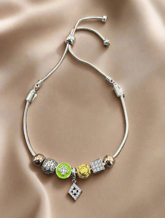 Ladies's Silver Green Enamel Clover bead Bracelet SLB11