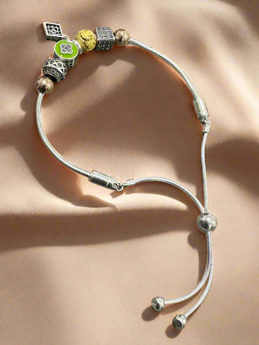 Ladies's Silver Green Enamel Clover bead Bracelet SLB11