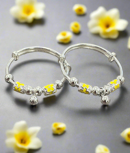 Baby Silver Yellow Floral Beads & Bells Shagle Bangles SBS15