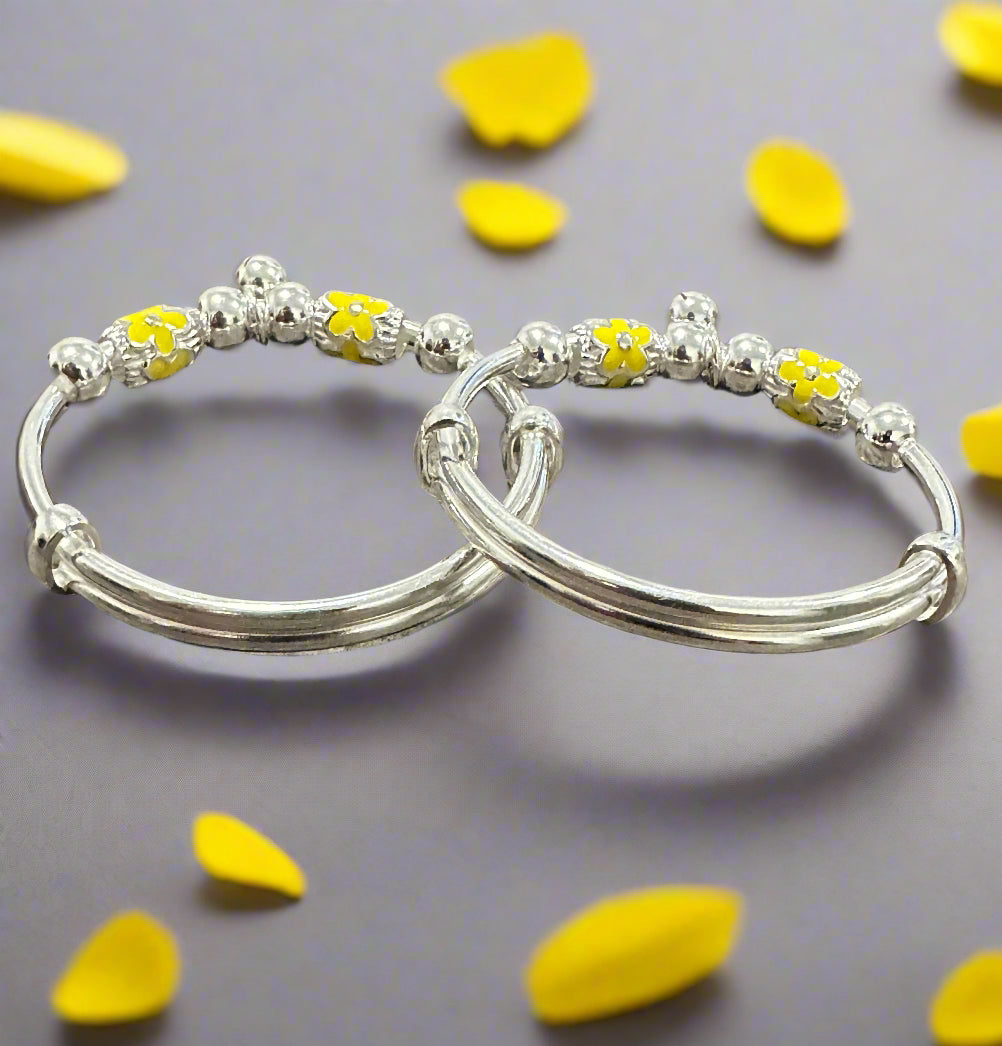 Baby Silver Yellow Floral Beads & Bells Shagle Bangles SBS15