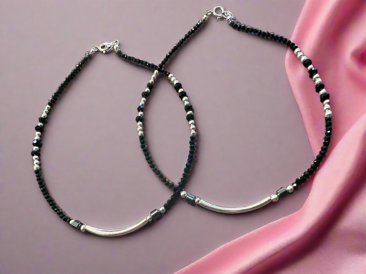 Ladies' Silver Black Beaded Anklets SLA02