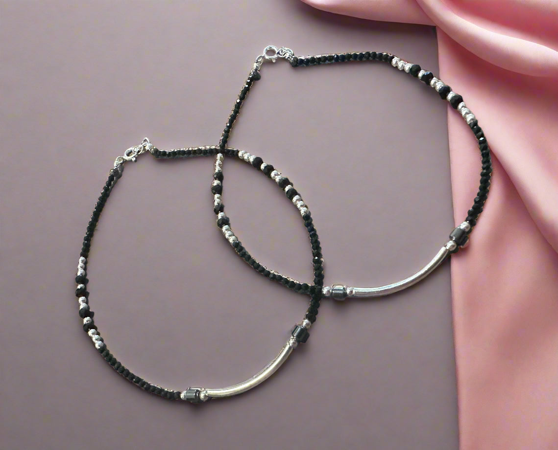 Ladies' Silver Black Beaded Anklets SLA02