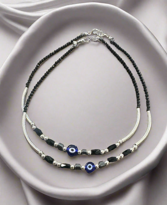 Ladies' Silver Black Beaded Evil Eye Anklets SLA04