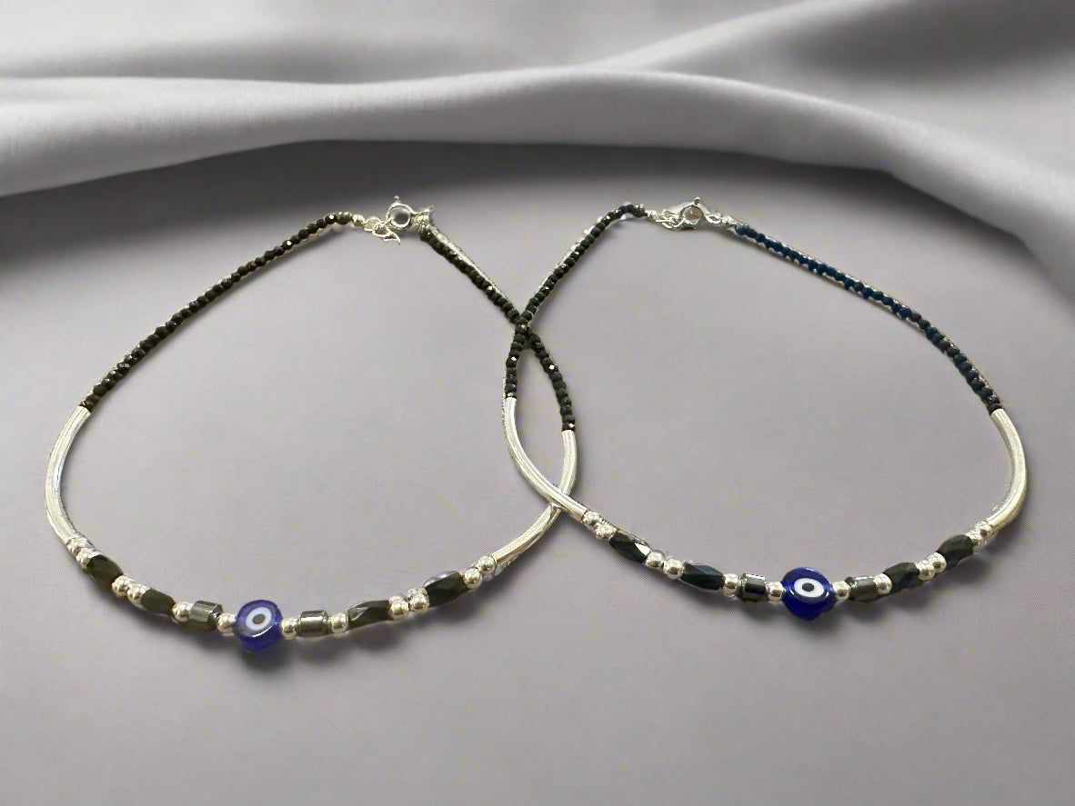 Ladies' Silver Black Beaded Evil Eye Anklets SLA04