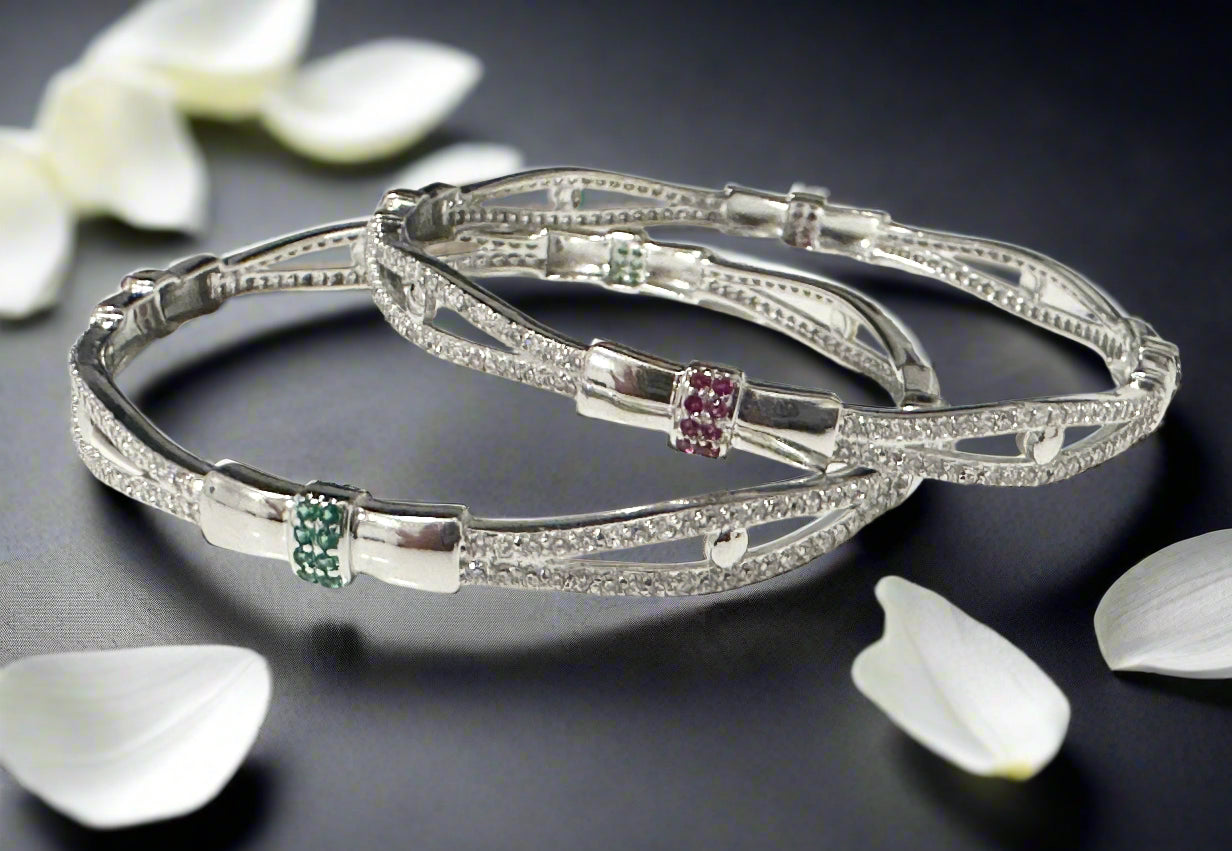 Ladies' Silver Dual-Tone Gemstone Cuff Bangles SLC05