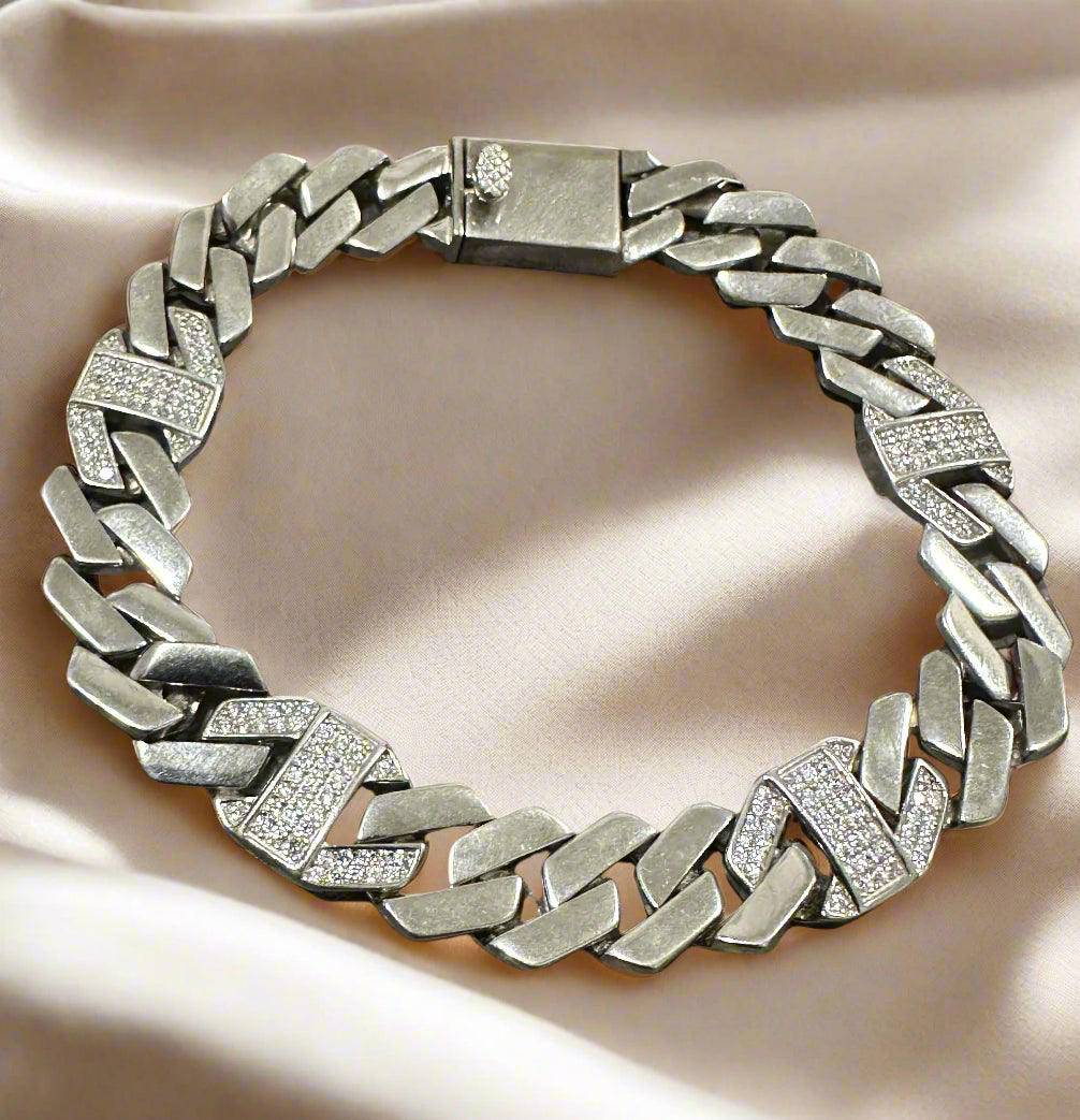 Men's Silver Cuban Link Bracelet with CZ Accents SMB04