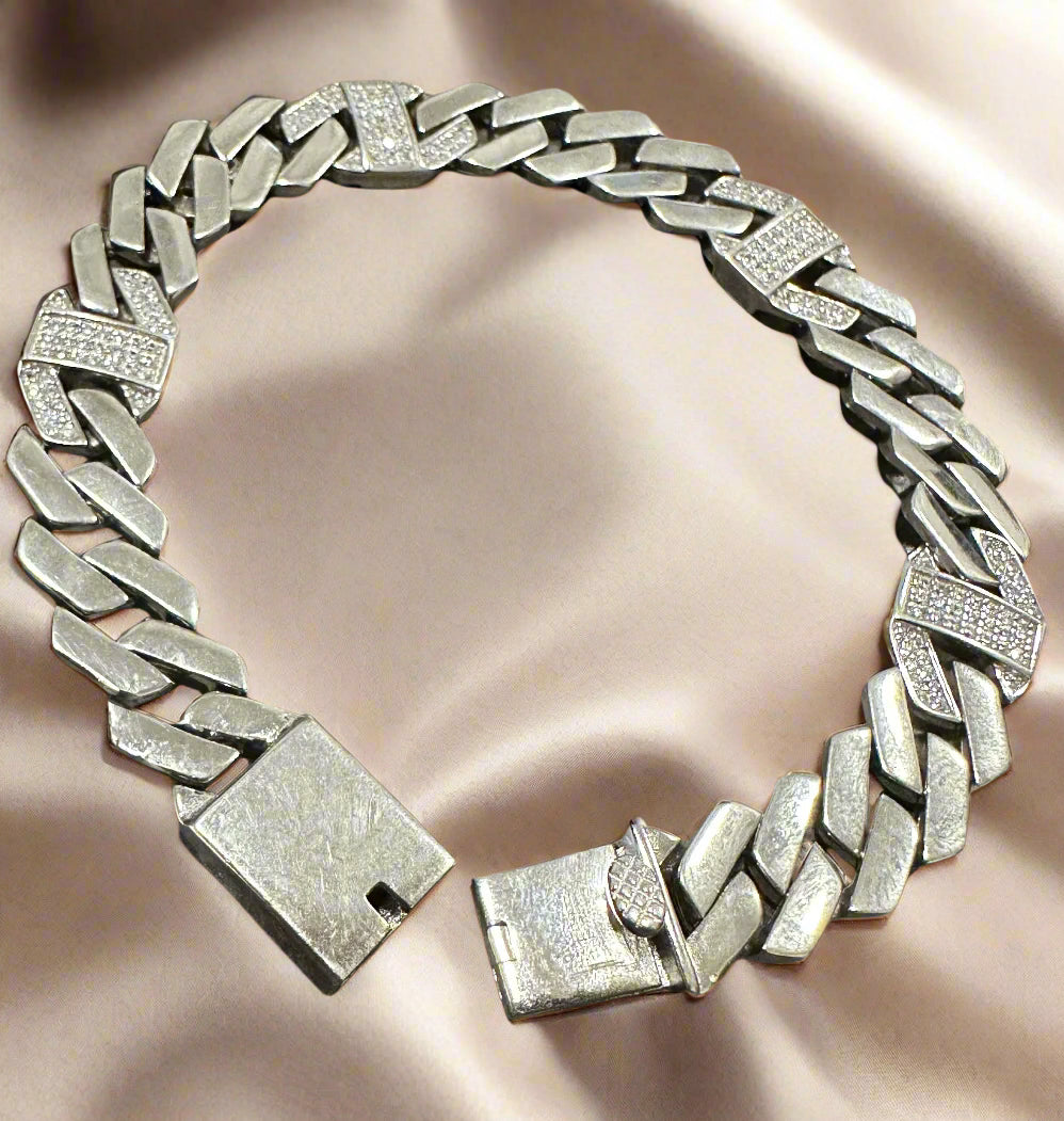 Men's Silver Cuban Link Bracelet with CZ Accents SMB04